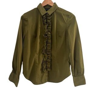 New York & Company Stretch Women’s S Green Ruffle Front Shirt Button Down Top